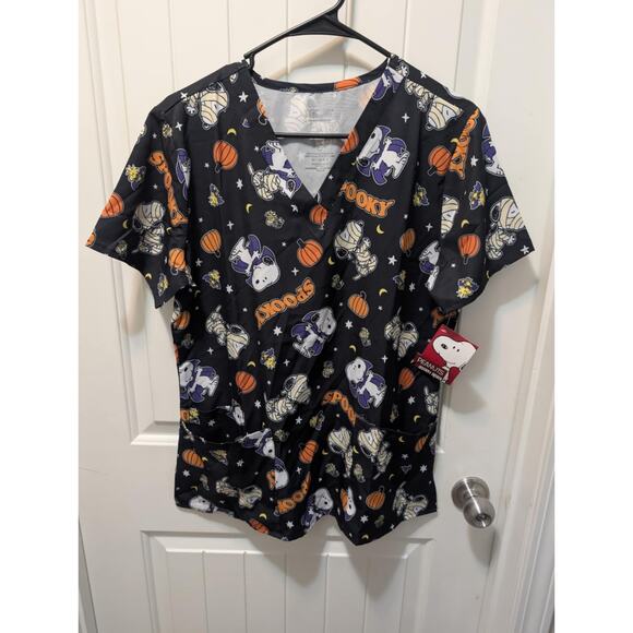 Peanuts Snoopy Black Woodstock Spooky Halloween Scrub Top Women's Size M - Picture 1 of 6